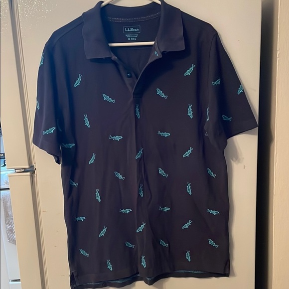 L.L. Bean Other - L.L. Bean Medium Slightly Fitted Navy Polo Shirt Fish Pattern 100% Cotton